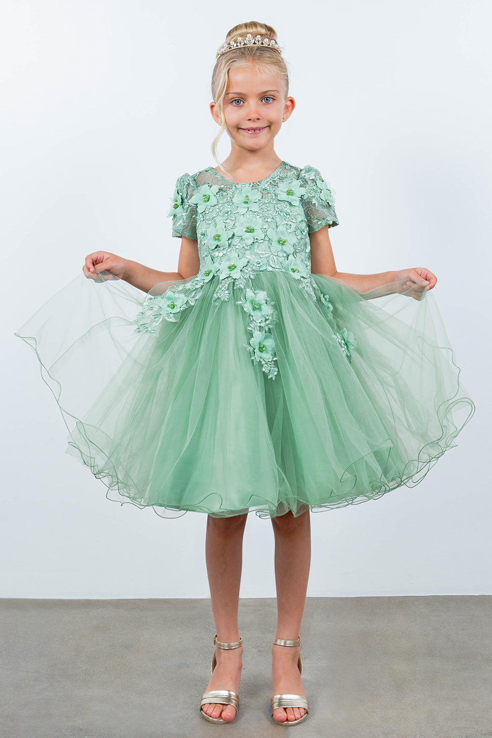 Flower Girl Dresses Short 3D Floral A Line Flower Girl Dress Sage