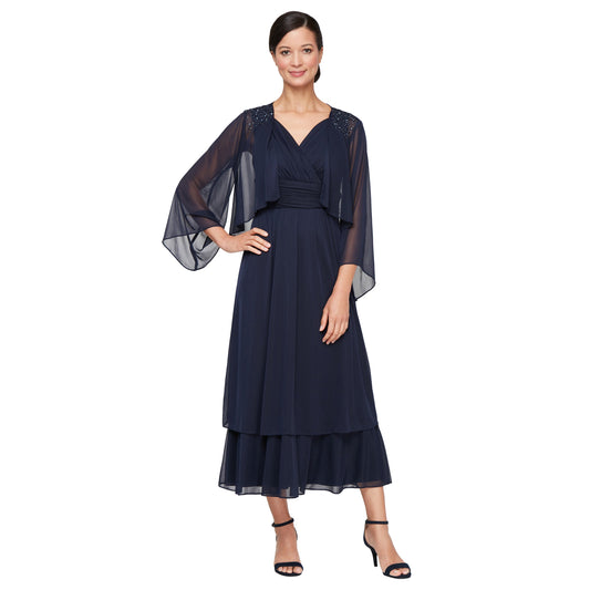 Formal Dresses Mother of the Bride Formal Jacket Tea Length Dress Navy