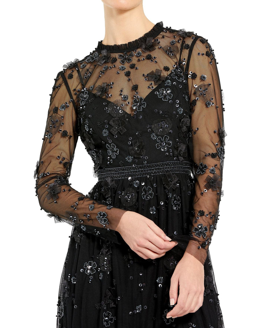 Cocktail Dresses Short Cocktail Long Sleeve Beaded Mini Dress Black