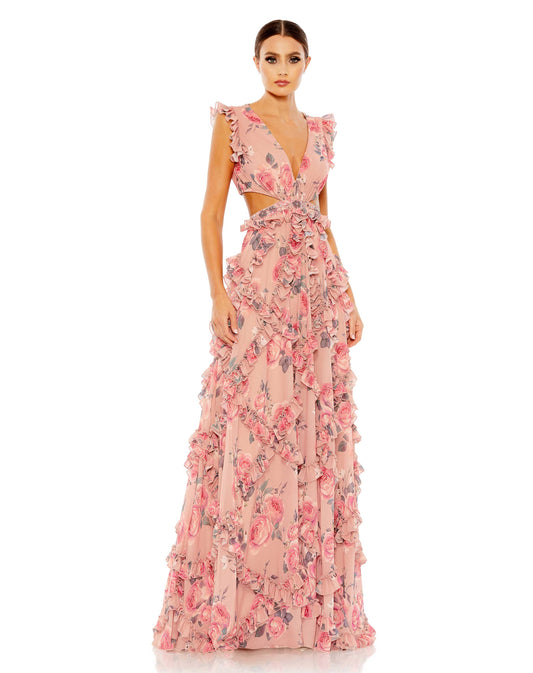 Prom Dresses Long Ruffled Cut Out Formal Prom Floral Dress Rose Multi