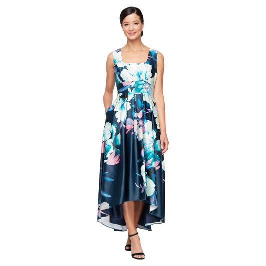 Cocktail Dresses  Pleated High Low Printed Formal Pocket Dress Navy Multi