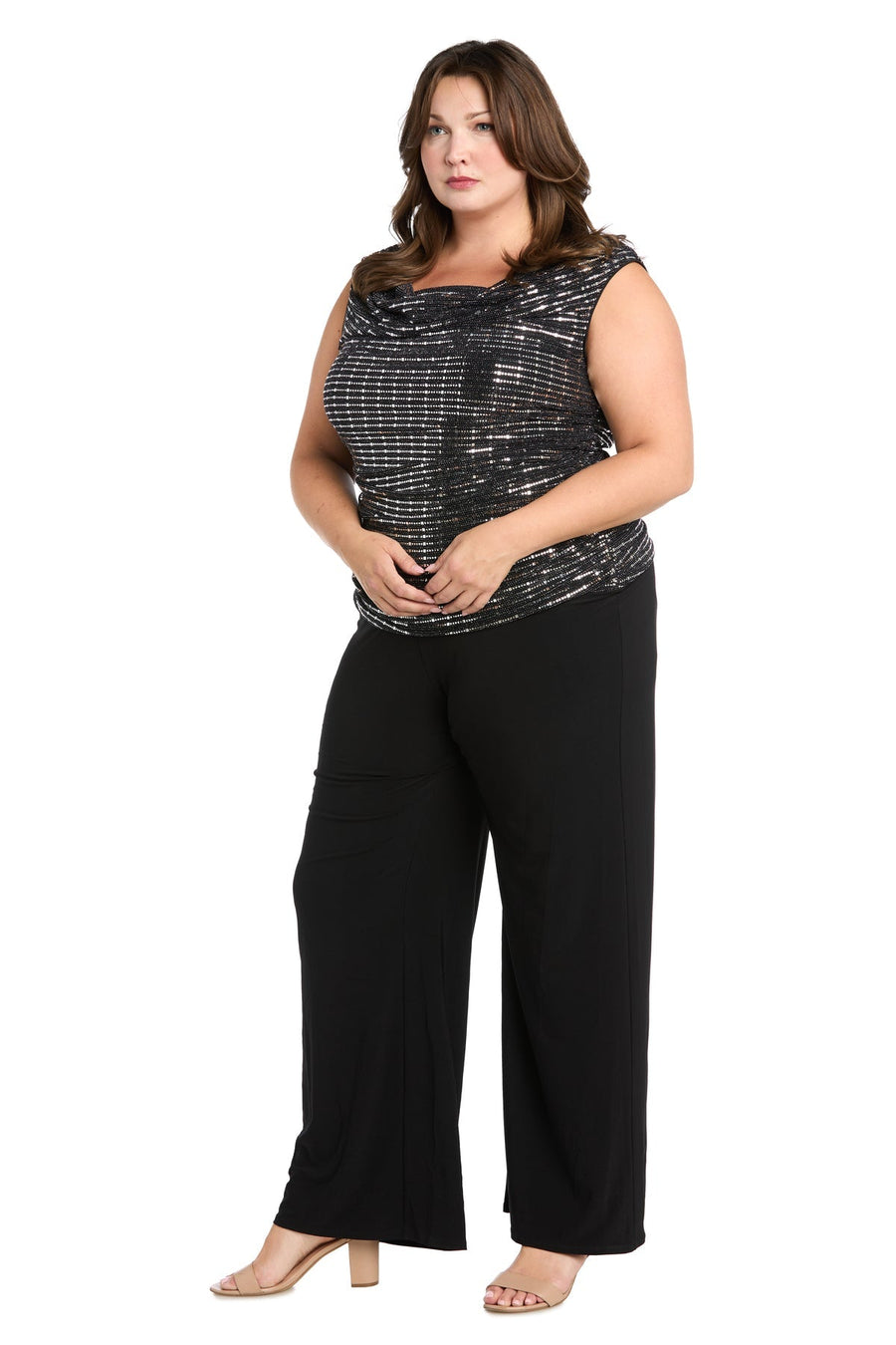 Plus Size Dresses Long Plus Size Formal Metallic Jumpsuit Silver/Black