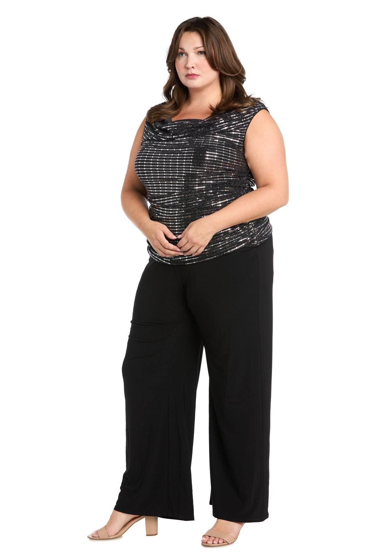 Plus Size Dresses Long Plus Size Formal Metallic Jumpsuit Silver/Black