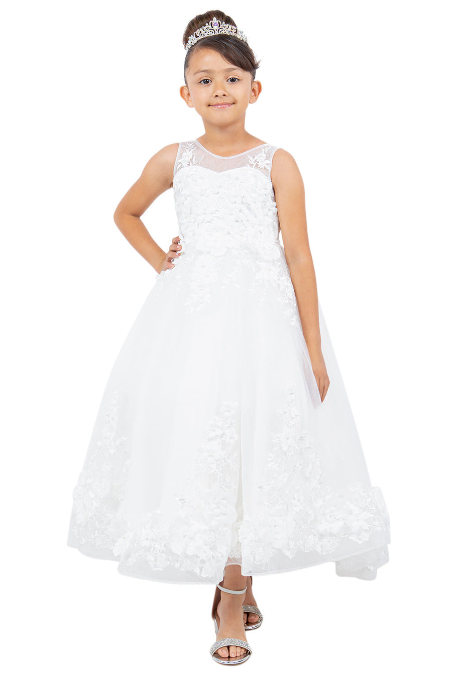 Flower Girl Dresses 3D Floral High Low Flower Gril Dress Off White