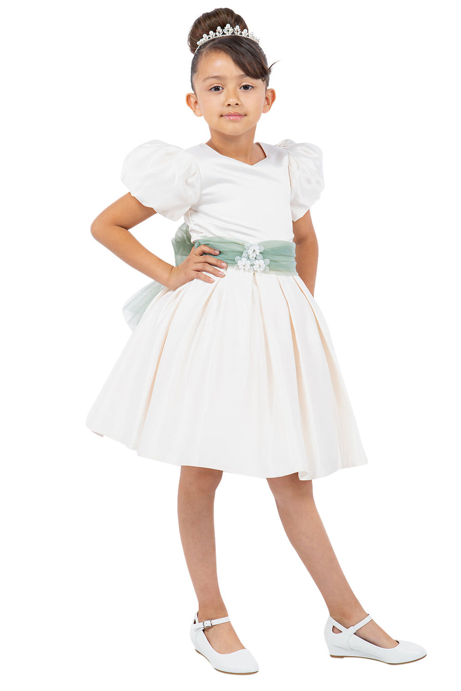 Short A Line Puff Sleeve Flower Girl Dress Ivory