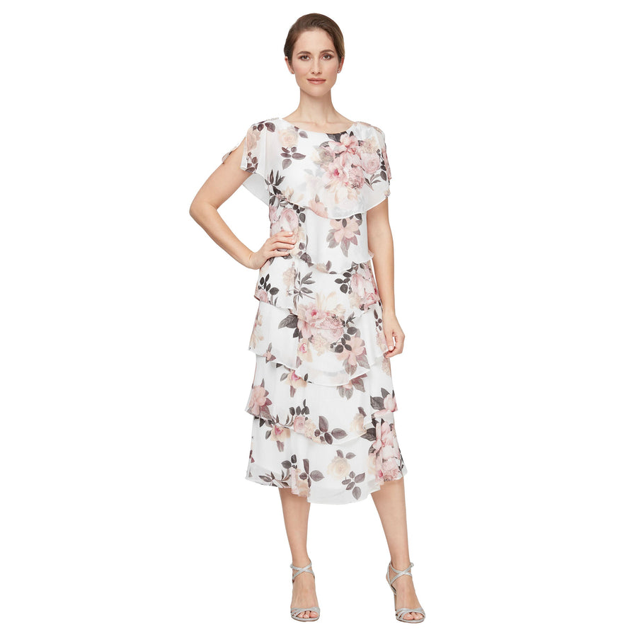 Formal Dresses Midi Length Floral Printed Formal Dress  Ivory/Pink