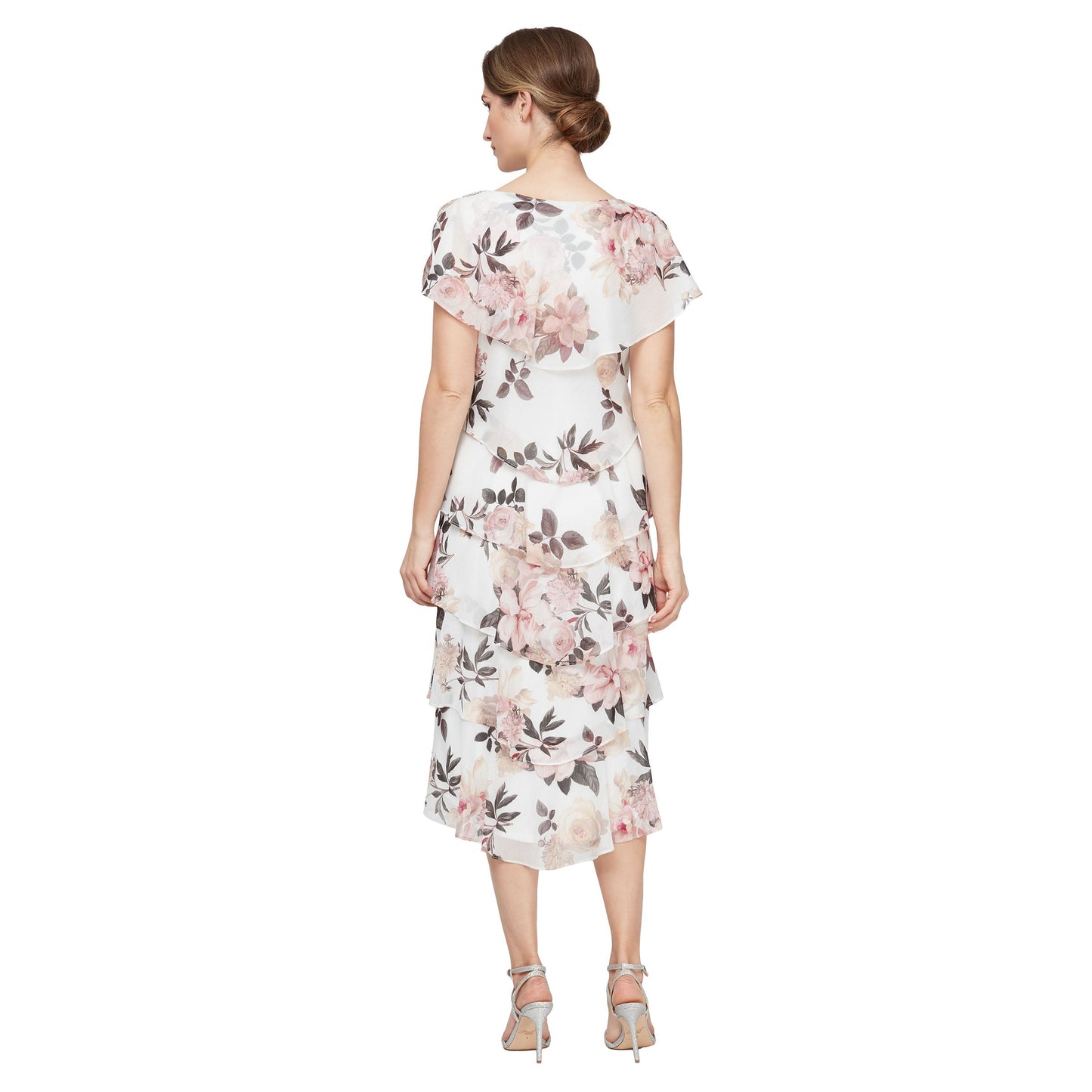 Formal Dresses Midi Length Floral Printed Formal Dress  Ivory/Pink