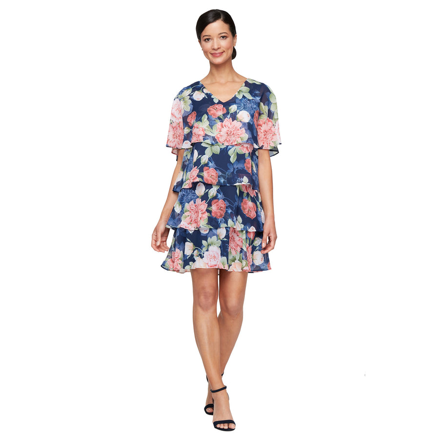 Mother of the Bride Dresses Short Tiered Floral Cocktail Mother of the Bride Dress Navy Multi