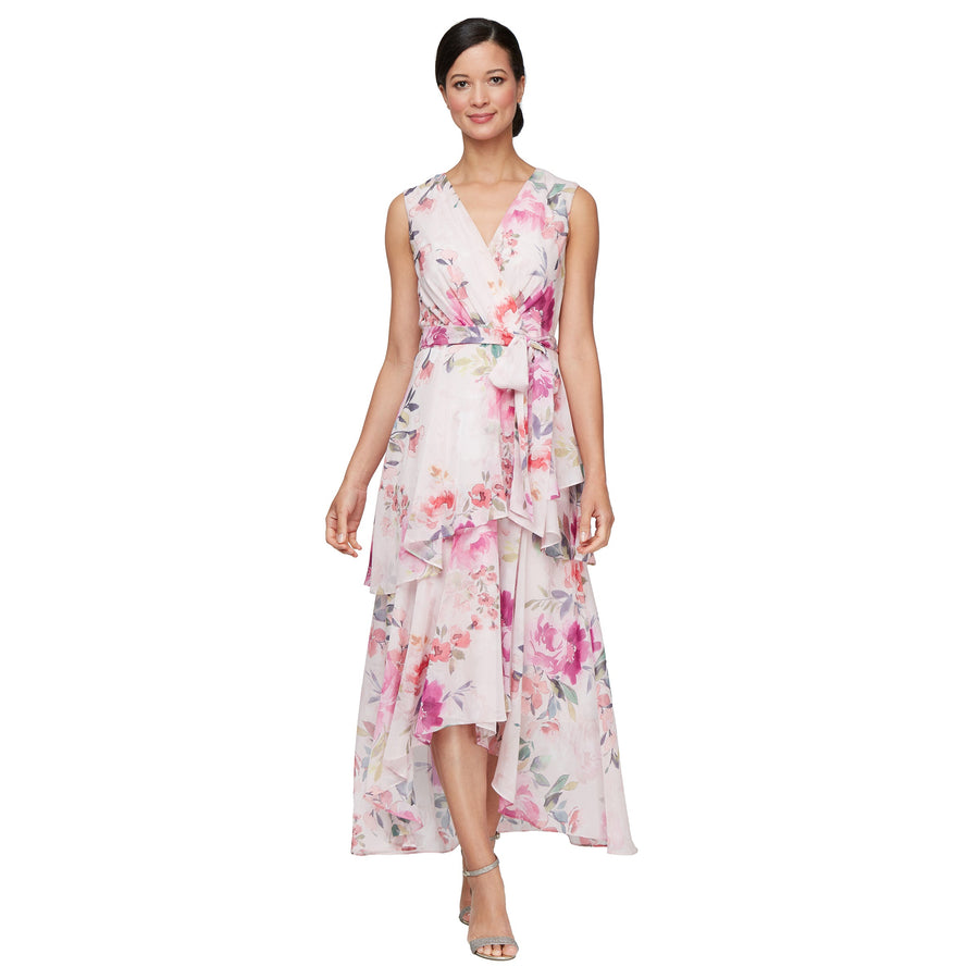 Formal Dresses Floral High Low Tiered Formal Dress Pink/White