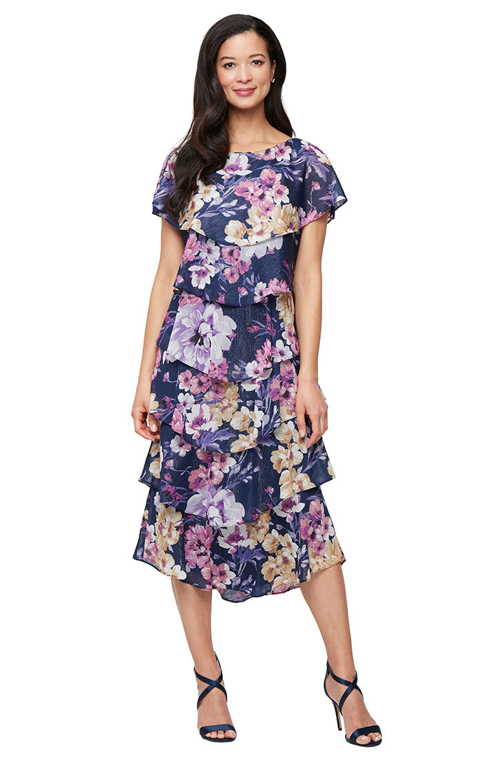 Cocktail Dresses Short Printed Midi Length Cocktail Dress Navy Multi