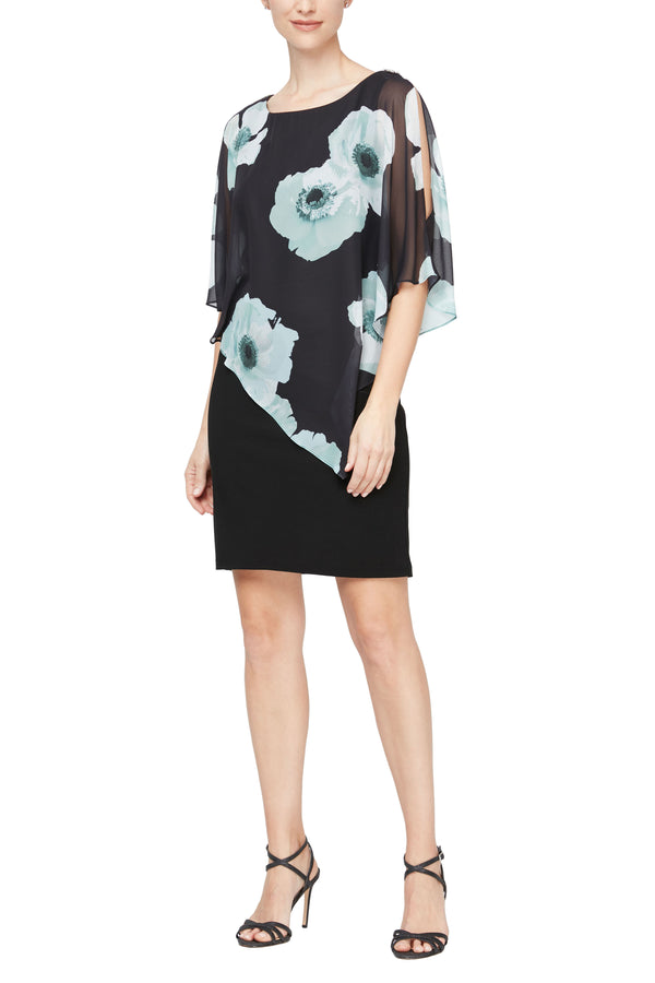 Cocktail Dresse Short Floral Print Capelet Cocktail Dress Black Multi