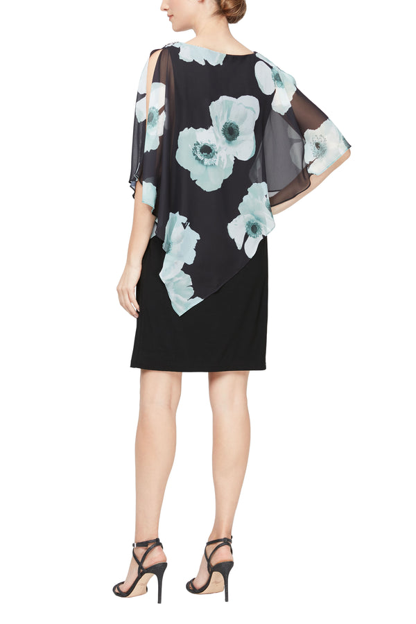 Cocktail Dresse Short Floral Print Capelet Cocktail Dress Black Multi
