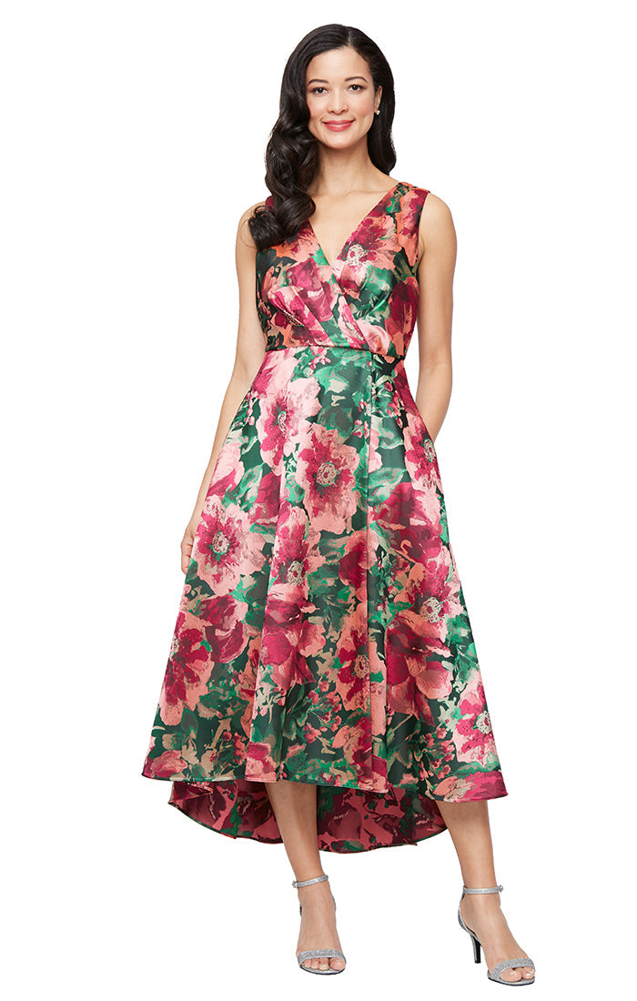 Cocktail Dresses High Low Print Cocktail Pleated Dress Pink Multi