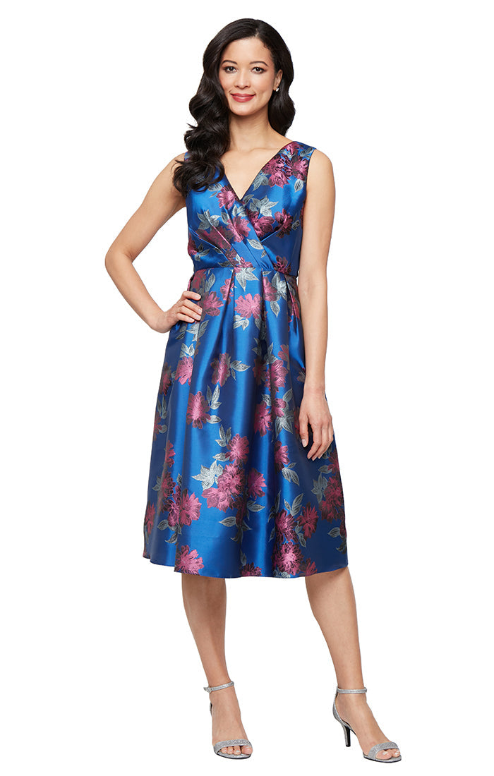 Cocktail Dresses Short Cocktail Printed Metallic Midi Length Dress Blue/Multi