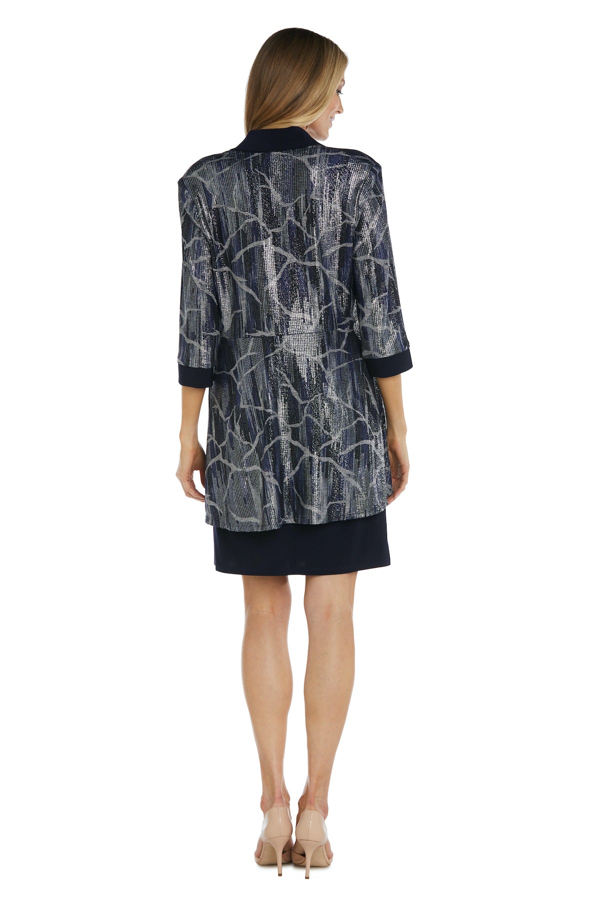 Mother of the Bride Dresses Printed Short Mother of the Bride Jacket Dress  Navy/Silver
