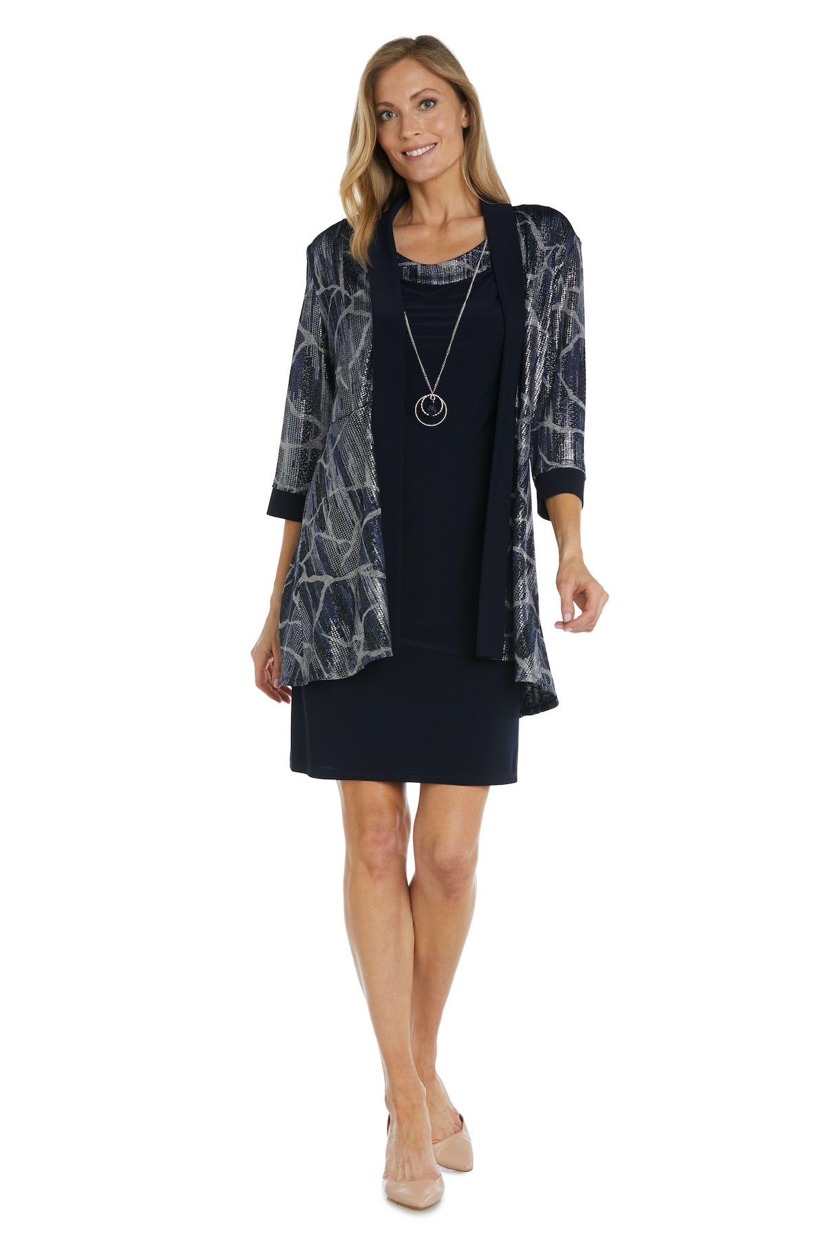 Mother of the Bride Dresses Printed Short Mother of the Bride Jacket Dress  Navy/Silver
