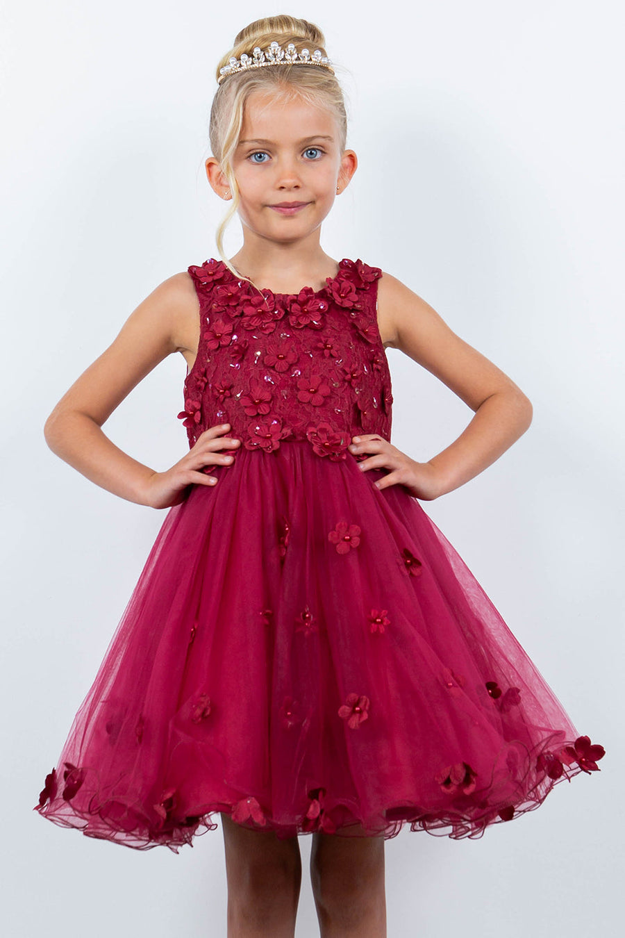 Flower Girl Dresses Flower Girl 3D Floral Applique A Line Short Dress Burgundy