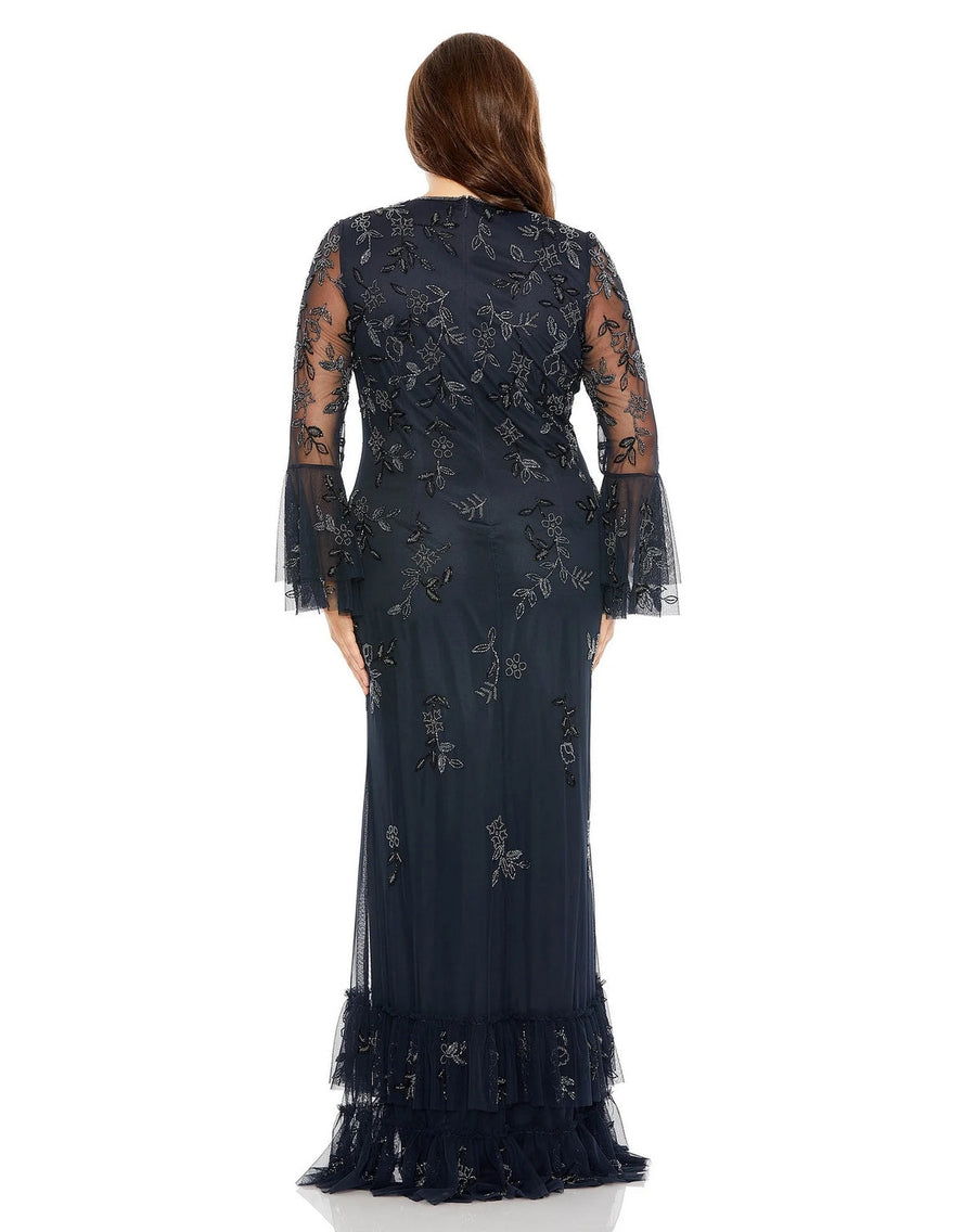 Plus Size Dresses Long V Neck Embellished Flutter Tiered Long Sleeve Plus Size Dress Midnight