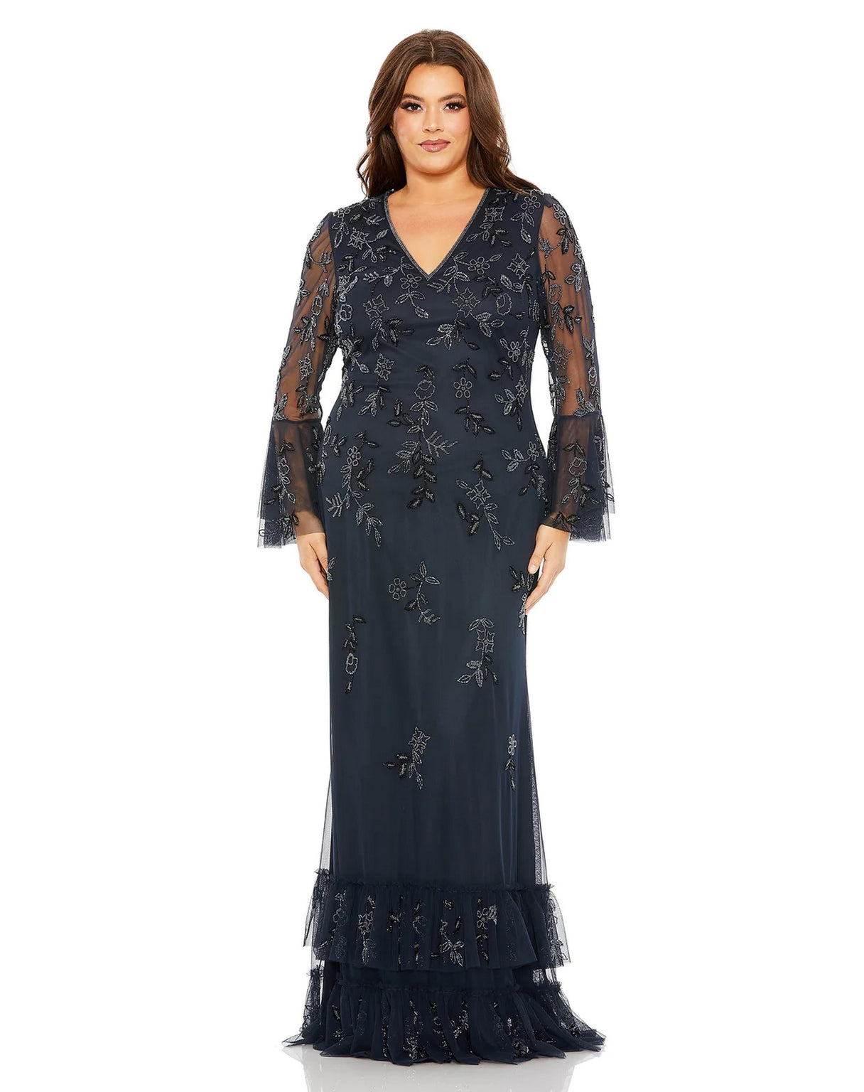Plus Size Dresses Long V Neck Embellished Flutter Tiered Long Sleeve Plus Size Dress Midnight