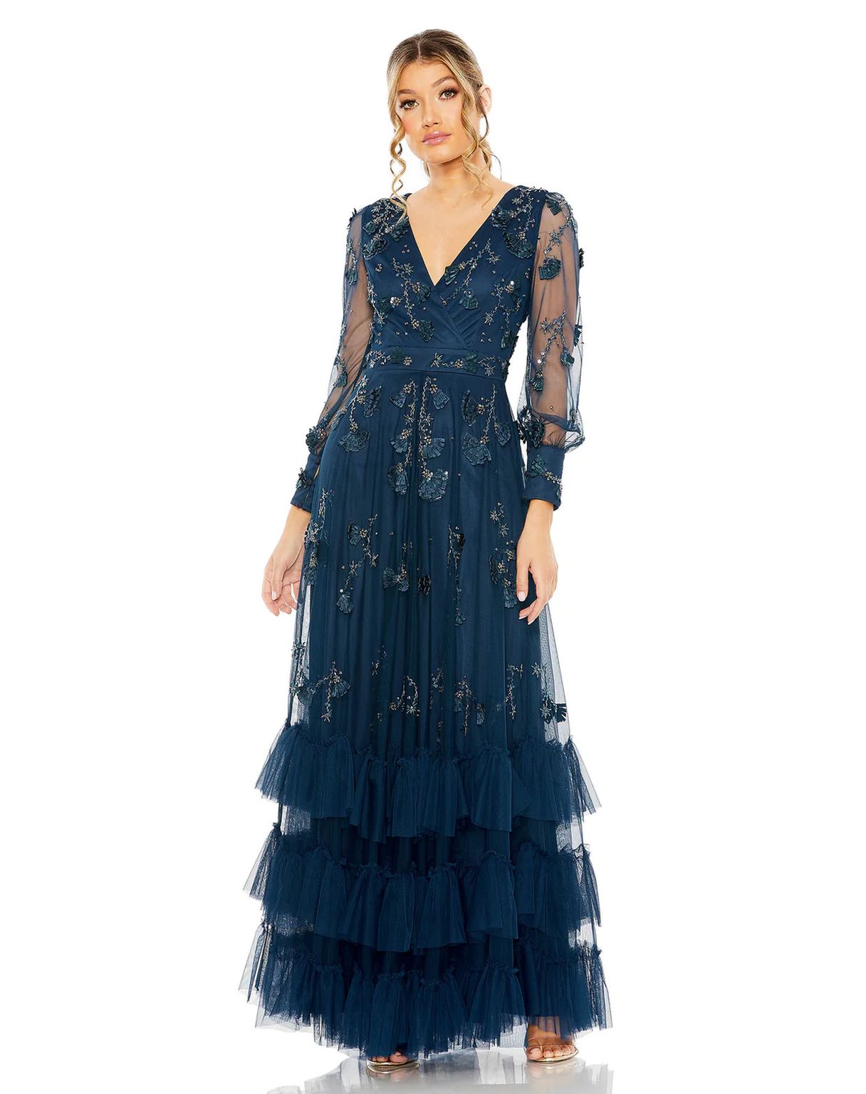 Formal Dresses Mesh Long Sleeve Tiered A Line Dress Twilight