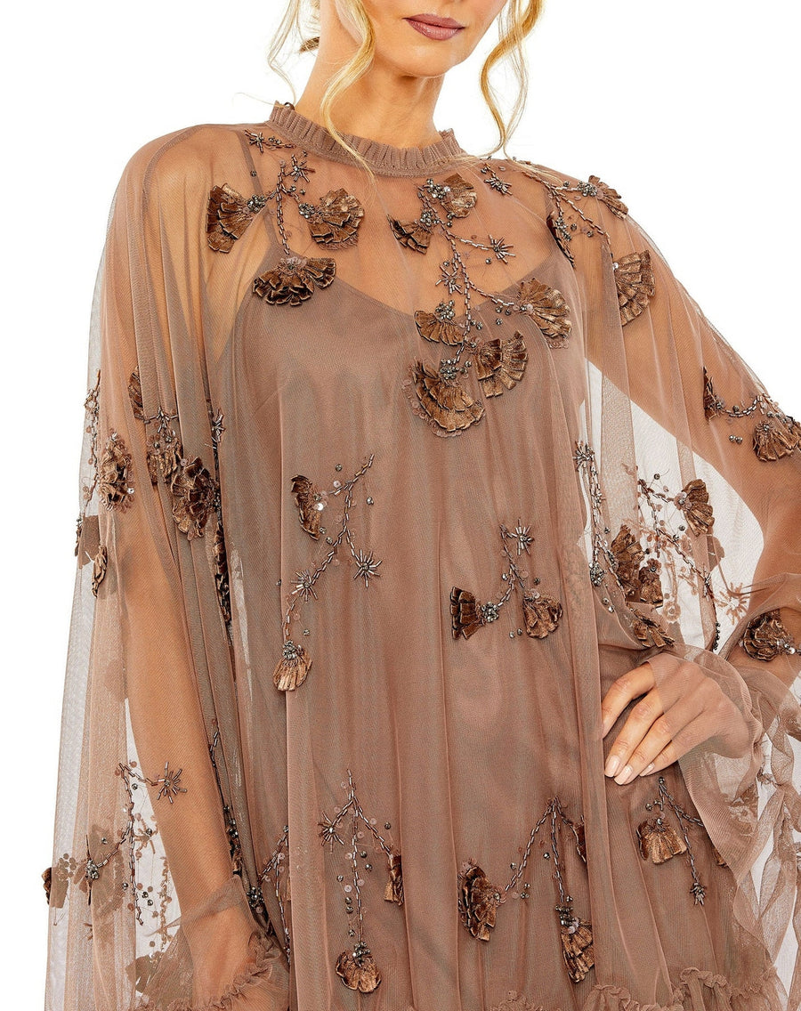 Cocktail Dresses Embellished Long Flare Sleeve Mesh A Line Short Dress Chocolate