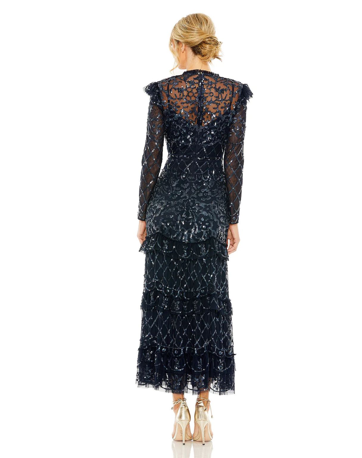 Formal Dresses High Neck Flutter Cap Long Sleeve Tiered Embelish Maxi Dress Midnight