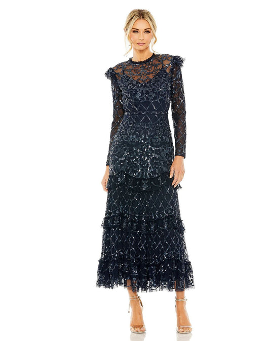 Formal Dresses High Neck Flutter Cap Long Sleeve Tiered Embelish Maxi Dress Midnight