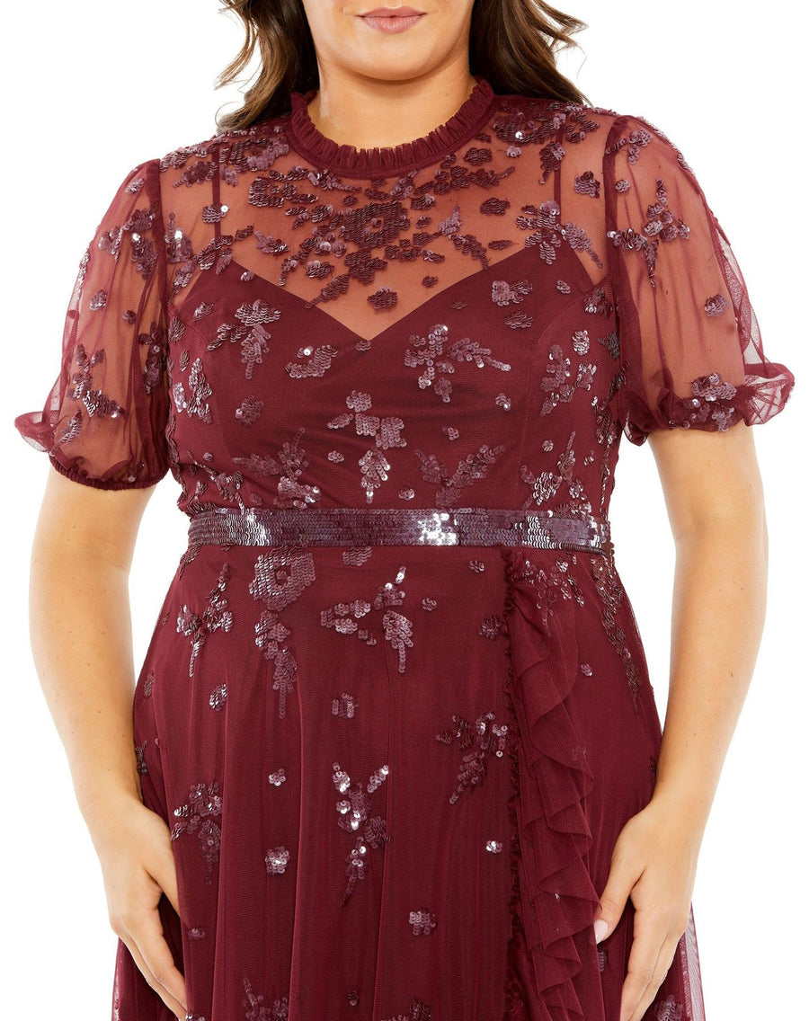 Plus Size Dresses Plus Size Puff Short Sleeve Embellished Faux Wrap Maxi Dress Bordeaux