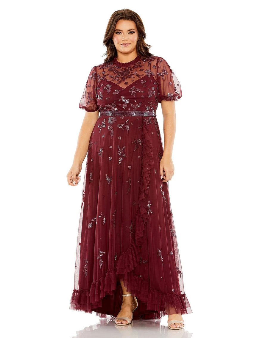 Plus Size Dresses Plus Size Puff Short Sleeve Embellished Faux Wrap Maxi Dress Bordeaux