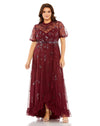 Plus Size Dresses Plus Size Puff Short Sleeve Embellished Faux Wrap Maxi Dress Bordeaux