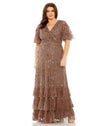 Plus Size Dresses Long Sequin Embellished Flutter Sleeve Faux Wrap V Neck Tiered Plus Size Dress Chocolate