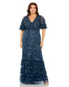 Plus Size Dresses Long Sequin Embellished Flutter Sleeve Faux Wrap V Neck Tiered Plus Size Dress Twilight