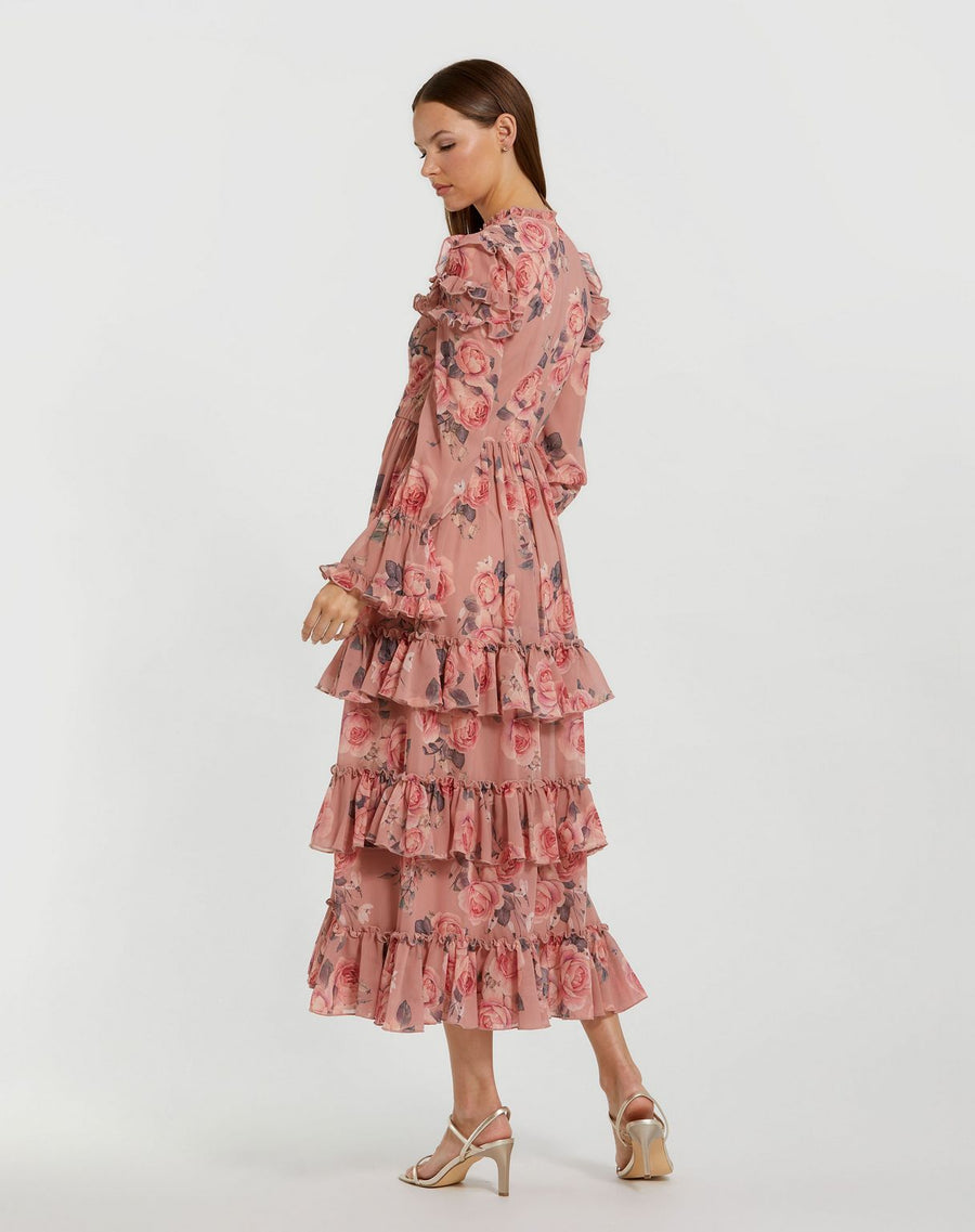 Cocktail Dresses Tea Length Floral Layered Midi Cocktail Dress Rose Multi