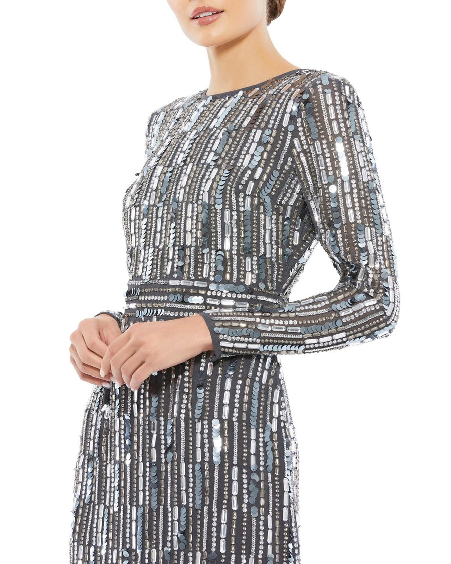 Cocktail Dresses Short Cocktail Long Sleeve Sequin Beaded Midi Dress Charcoal