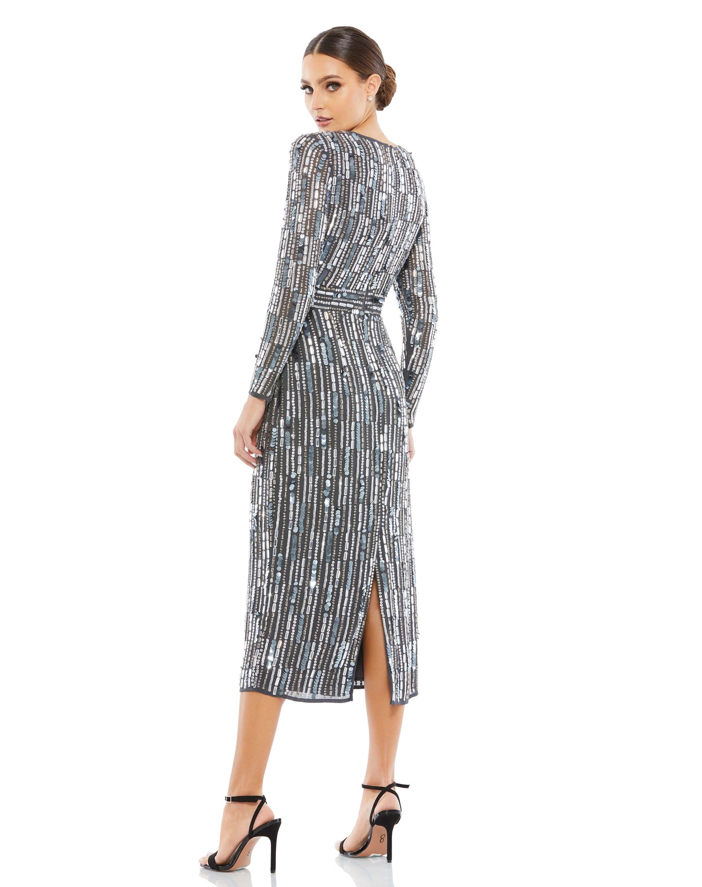 Cocktail Dresses Short Cocktail Long Sleeve Sequin Beaded Midi Dress Charcoal