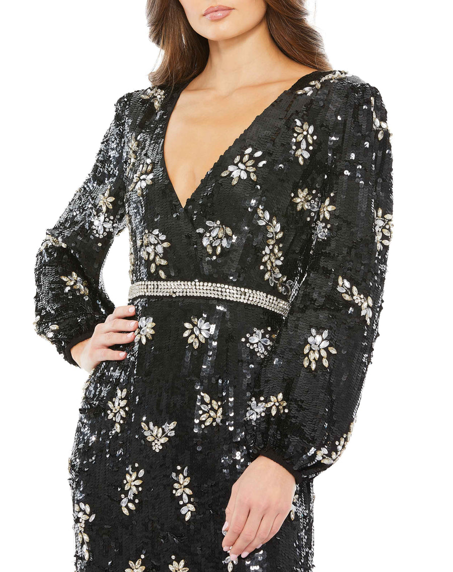 Formal Dresses Wrap Over Long Sleeve Formal Sequins Gown Black