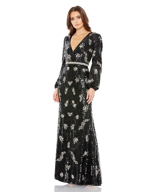 Formal Dresses Wrap Over Long Sleeve Formal Sequins Gown Black