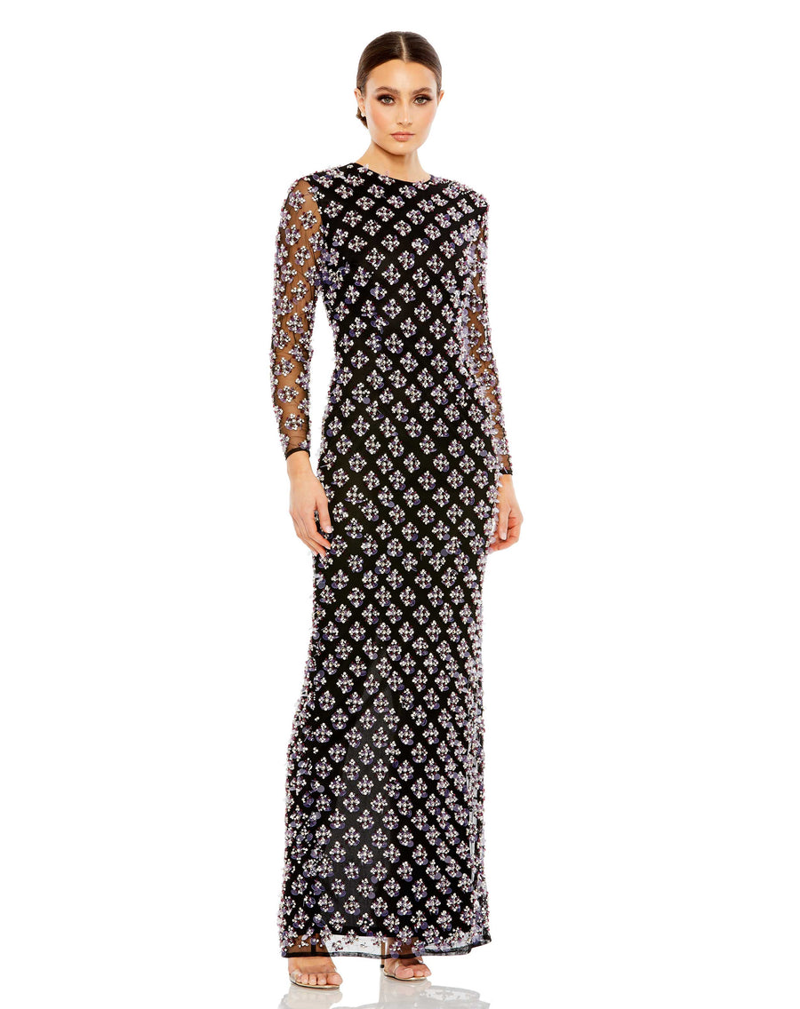 Formal Dresses Beaded Crystal Long Sleeve Formal Dress Black