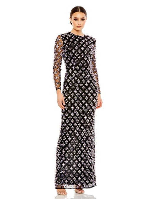 Formal Dresses Beaded Crystal Long Sleeve Formal Dress Black
