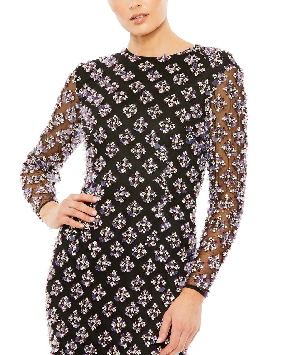 Formal Dresses Beaded Crystal Long Sleeve Formal Dress Black