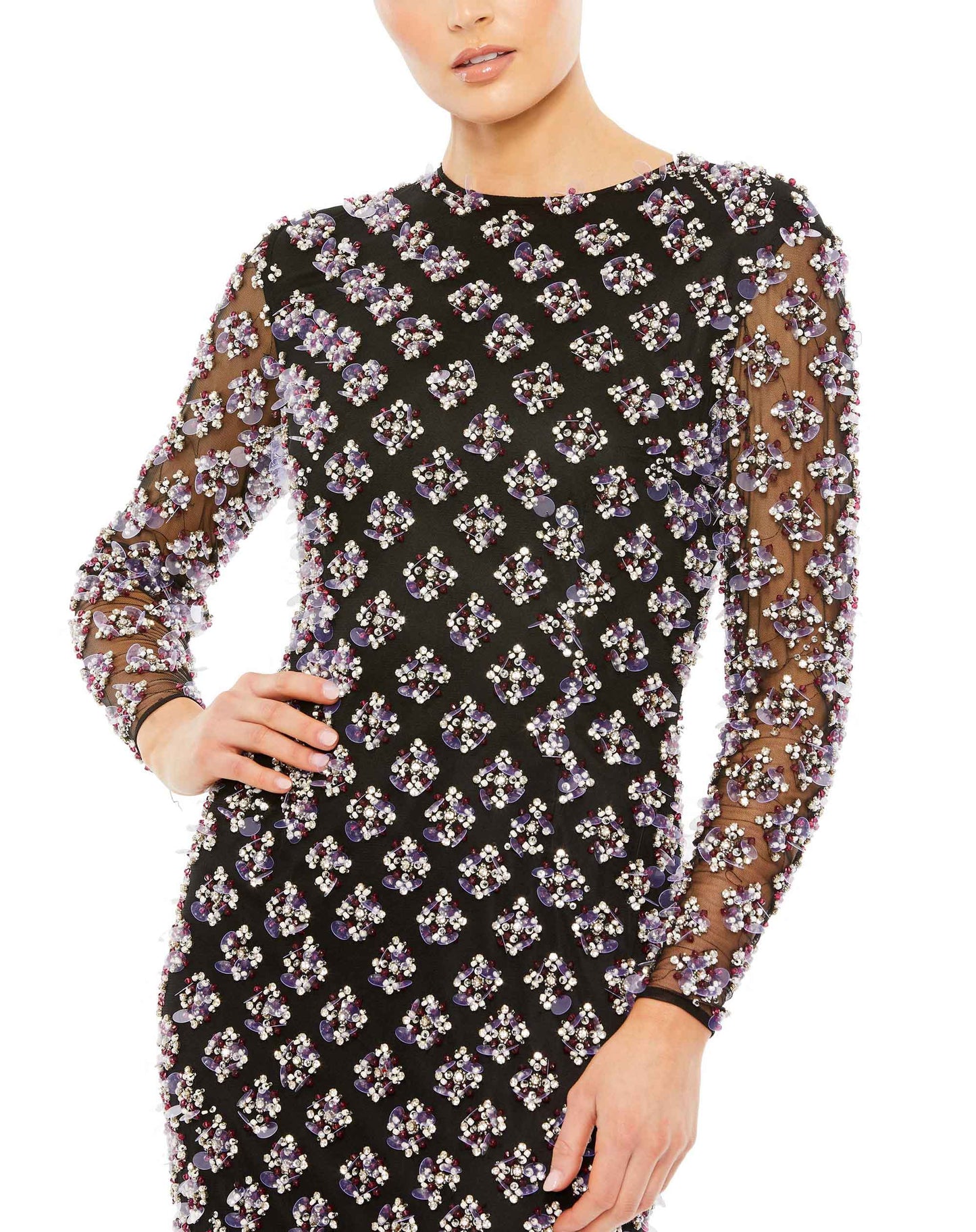 Formal Dresses Beaded Crystal Long Sleeve Formal Dress Black