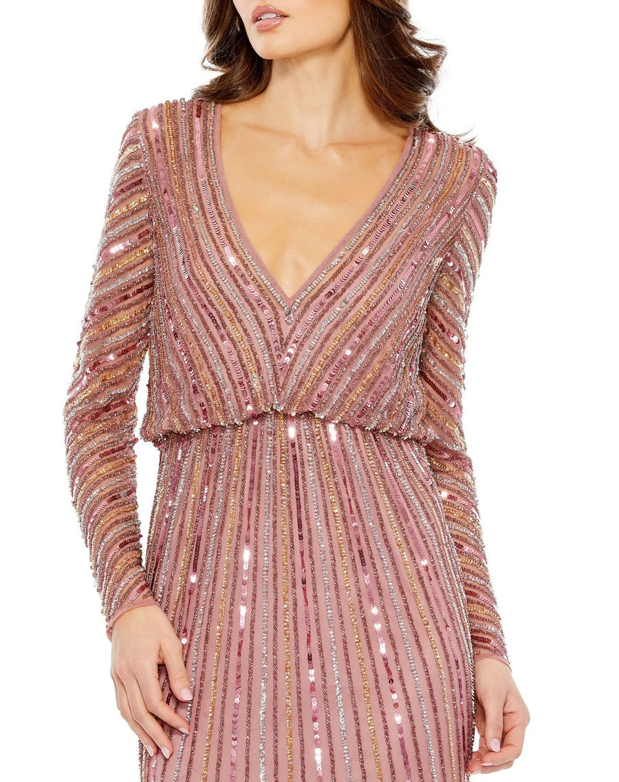 Formal Dresses Sequined V neck Long Sleeve Column Dress Rosewood