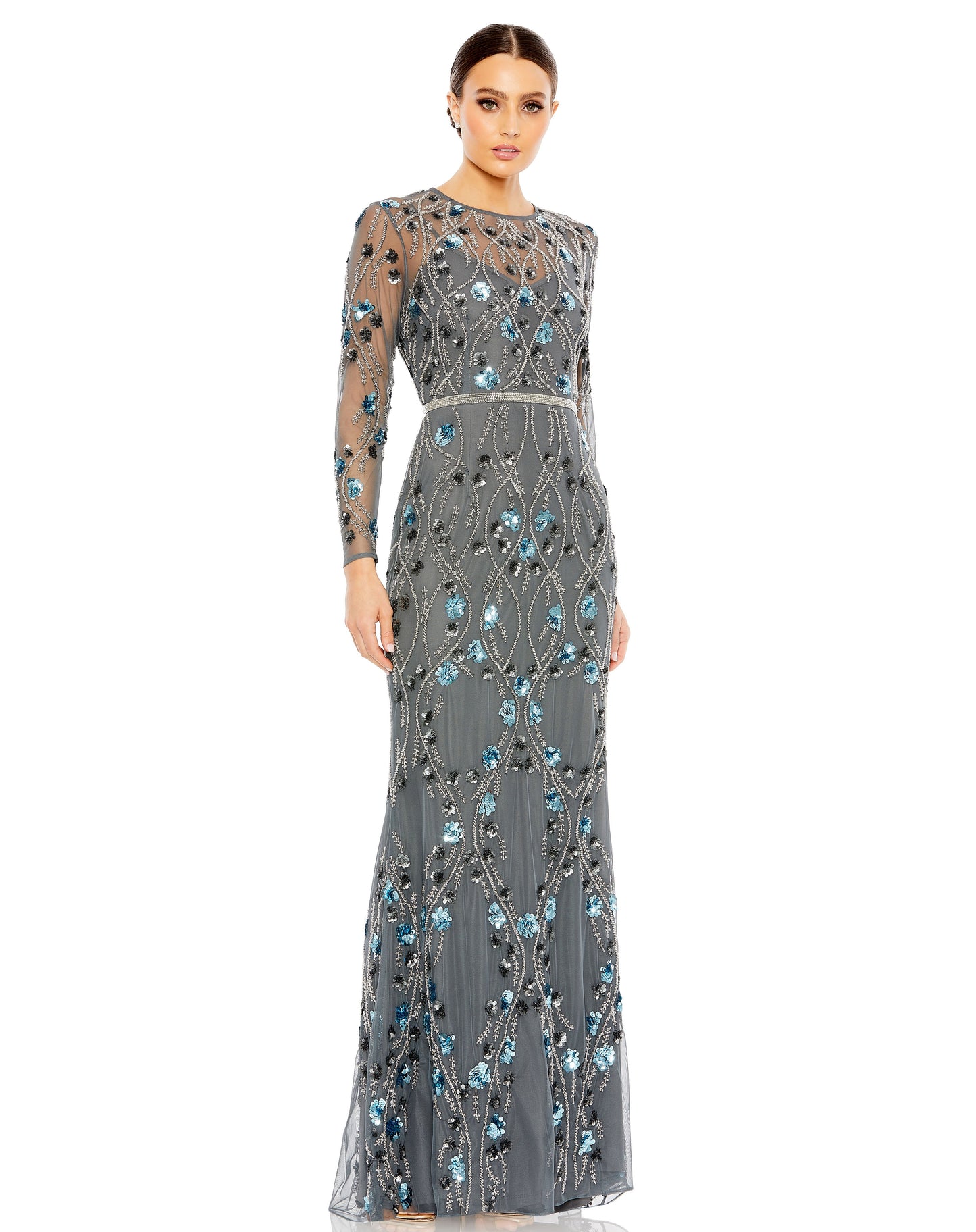 Formal Dresses Long Sleeve Beaded Floral Evening Formal Gown Charcoal