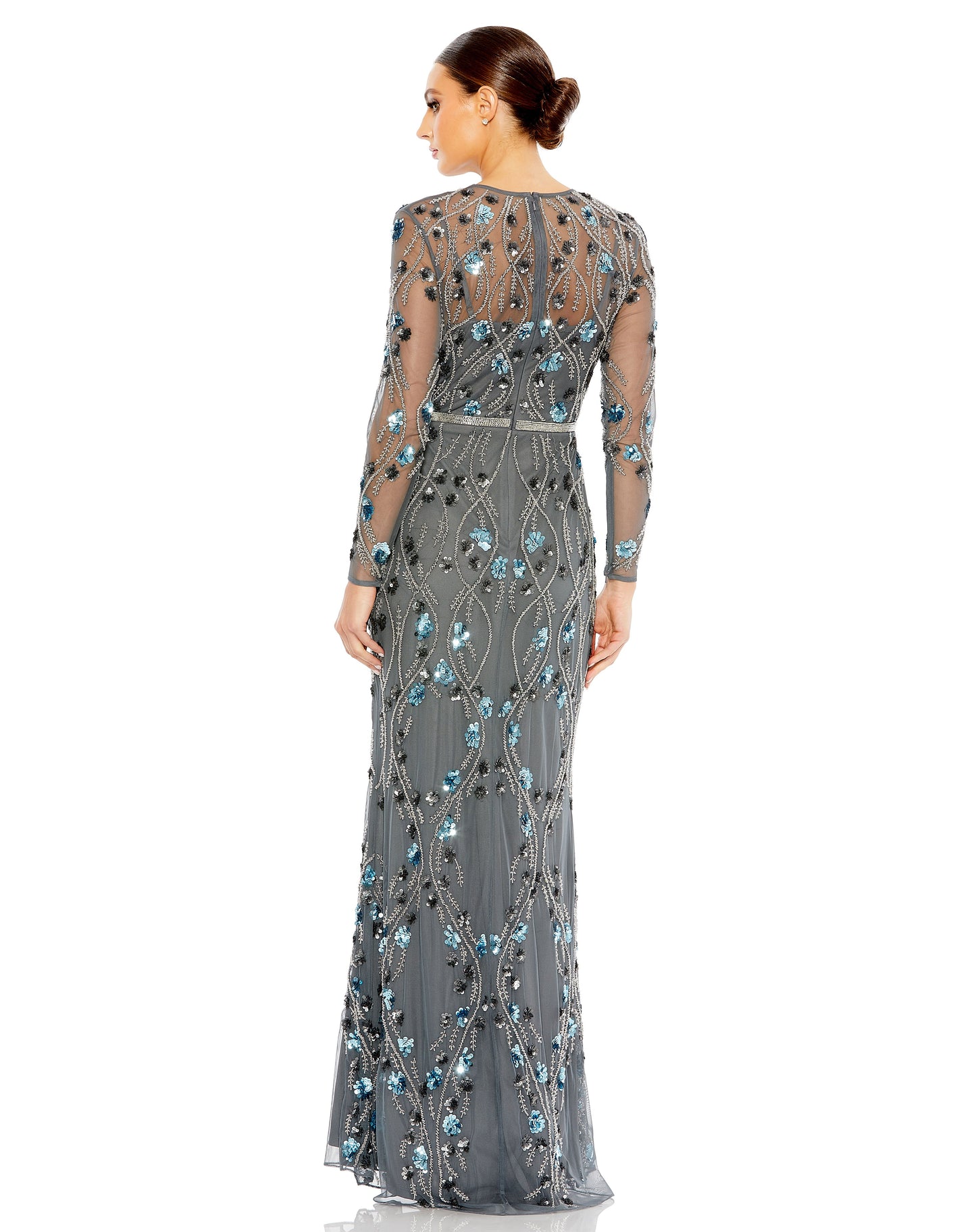 Formal Dresses Long Sleeve Beaded Floral Evening Formal Gown Charcoal