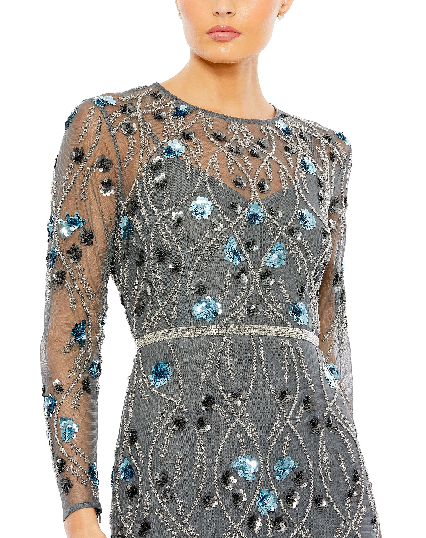 Formal Dresses Long Sleeve Beaded Floral Evening Formal Gown Charcoal