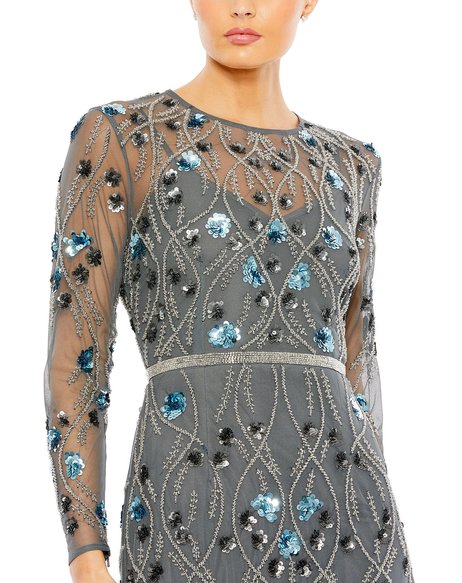 Formal Dresses Long Sleeve Beaded Floral Evening Formal Gown Charcoal