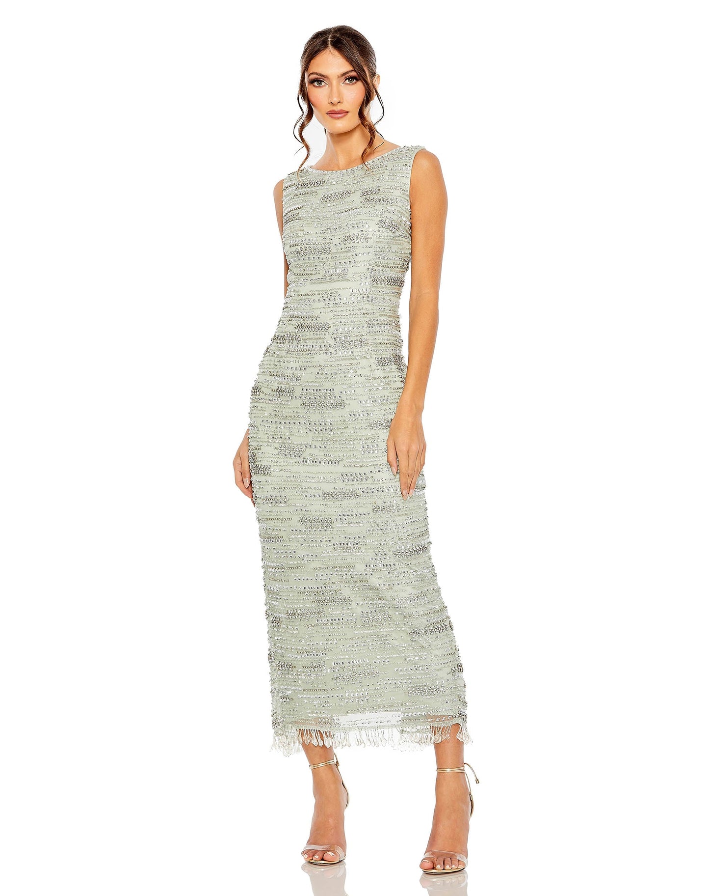 Formal Dresses Crystal Beaded Fringe Formal Prom Midi Dress Sage