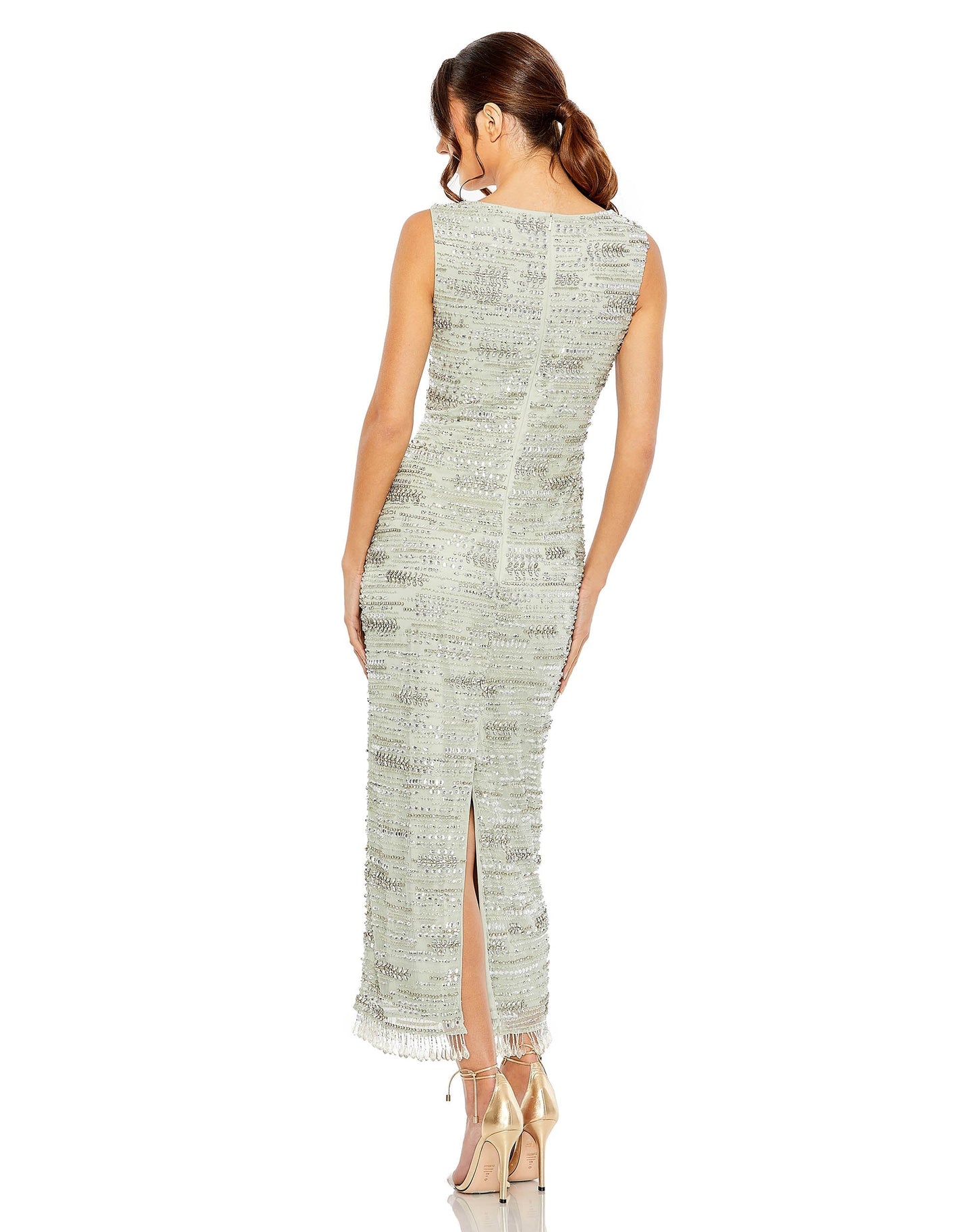 Formal Dresses Crystal Beaded Fringe Formal Prom Midi Dress Sage