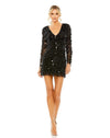 Cocktail Dresses Long Sleeve Beaded Fringe Plunge Neck Dress Black