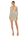 Cocktail Dresses Long Sleeve Beaded Fringe Plunge Neck Dress Nude Silver